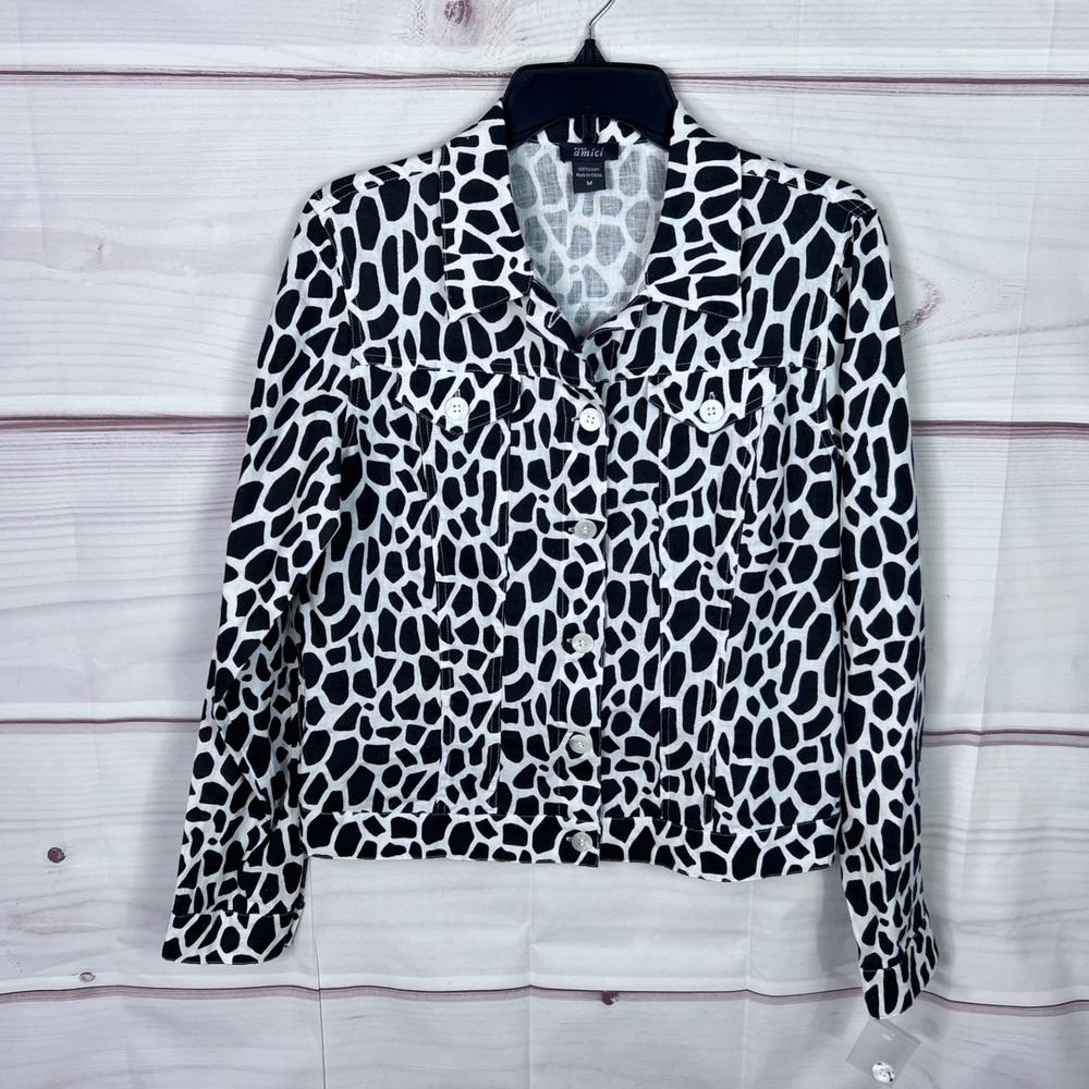 Pure Amici Jacket Womens M Black White Print Button Up Linen Long Sleeve Collar